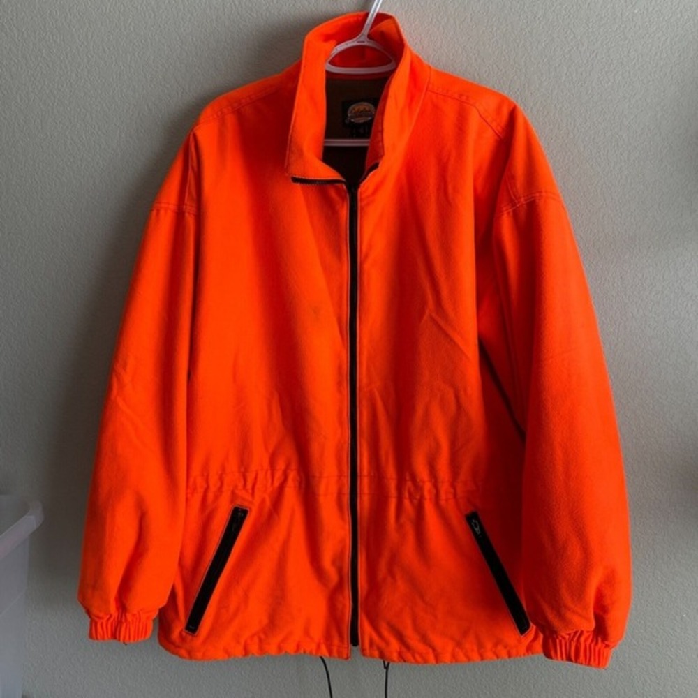 Cabelas Mens Fleece Hunting Jacket Large Reg Lined Orange Full Zip Polyester‎